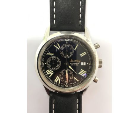 A gents Breitling automatic chronometer wristwatch. The black dial presenting three subsidiary dials, date aperture and lumin