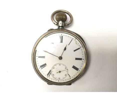 A silver cased pocket watch, hallmarked 925. The white enamel dial presenting black Roman numerals and a subsidiary seconds d