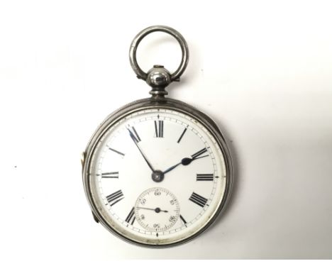 A gents silver pocket watch, hallmarked for London. The white enamel dial presents black Roman numrerals, subsidiary seconds 