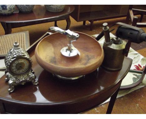 Nut cracker, blow lamp and mantel clock