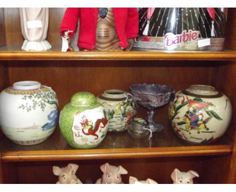 Shelf of Oriental ceramics plus 2 glass