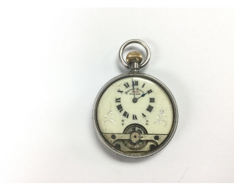 A silver button wind pocket watch. Shipping category A.