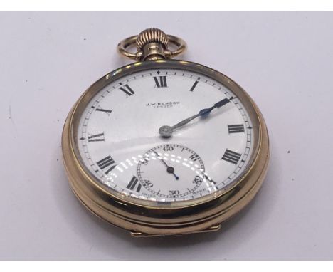 A 9carat gold cased J W Benson button wind pocket watch. Seen working. No personal inscriptions inner back plate gold. Total 