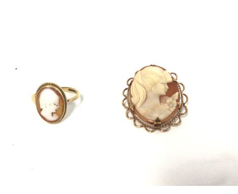 A 9ct gold cameo brooch and ring. Total weigh 6.51g and ring size K. Postage B