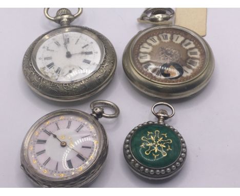 A small enamel decorated and pearl set open faced button wind pocket watch and three other Continental pocket watches (4)