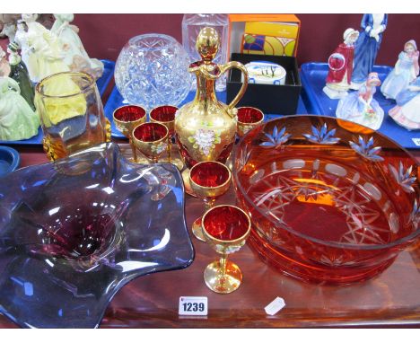 A Venetian Ruby Glass Decanter and Glasses, heavily decorated in gilt and applied with flowers, a Murano 1970's  bowl, a Whit