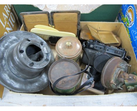 Astra Magnifier, Yashica Electro 35 Camera, tins, pewter inkwell (damages), brushes, etc.
