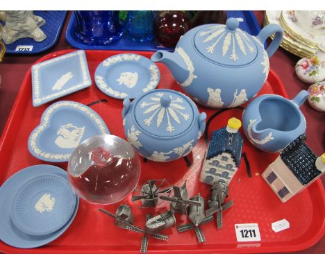 Wedgwood  Blue Jasperware Three Piece Tea Service, pin trays etc, two Bols blue Delft houses, glass paperweight engraved to b