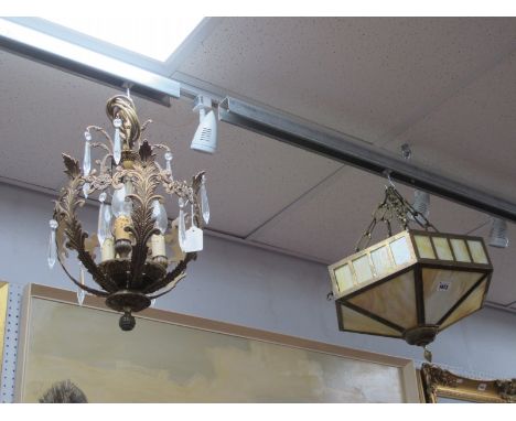 Brass Chendelier, having six acanthus leaf supports featuring lustre drops; an hexagonal ceiling light. (2)