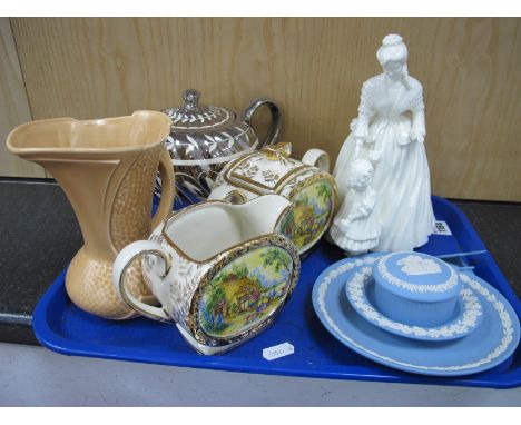 Royal Worcester 'Mothering Sunday' Figurine, Wedgwood Jasperware, Sadler teapot, etc:- One Tray