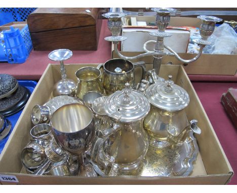 A Quantity of Plated Ware, including four piece tea service, candelabra, tankards, napkin rings, etc.