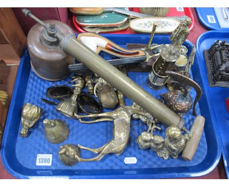 Mini Brass Miners Lamp, syringe, other brassware, Meerschaum pipe:- One Tray
