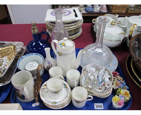 Bristol Blue Glass Decanter, two others, Chelsea coffee ware, Dresden dishes, etc:- One Tray