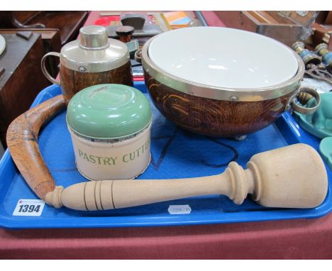 Porcelain Lined Oak Fruit Bowl and Tea Caddy, tin pastry cutters, wooden mallet, small boomerang:- One Tray