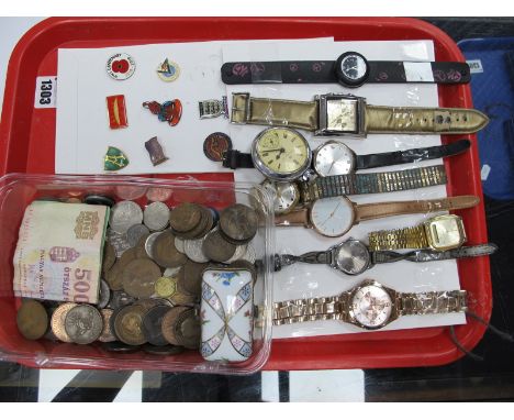 Wristwatches, including Sekonda, Casio, Ingersoll Pocket, Watch, badges, coins, trinket box:- One Tray
