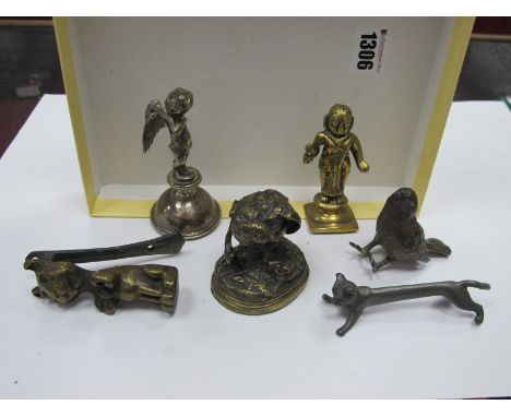 White Metal Model Bird, 7cm wide, cherub finial, brass cat door knocker, cat knife rest, etc.