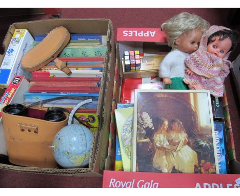 Chad Valley Globe, binoculars, Monopoly board game, jigsaws, dolls, children's books etc:- Two Boxes