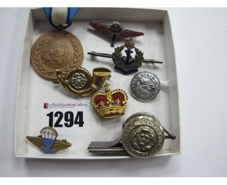 East Yorkshire Rifle Volunteers Whistle, UN medal, military badges.