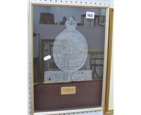 Fire Mark 'Royal Exchange 1773', having crown finial, numbered 'JJ66', framed.