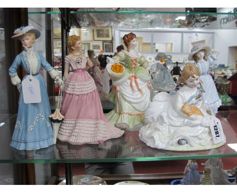 Five Figurines, including Wedgwood 'Enchanted Evening' and 'Afternoon Promenade', Royal Worcester 'Grandma's Bonnet' and 'Saf
