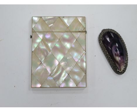 A Mother of Pearl Card Case, with hinged lid; a Mussel Shell snuff box with plated mounts. (2)