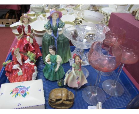 Five Royal Doulton Figurines (damages), Poole box, glassware, mineral beetle:- One Tray