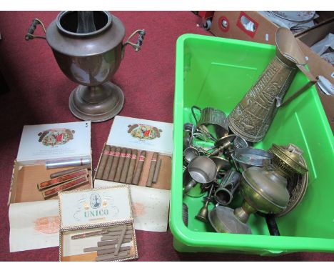 Copper Tea Urn, Cigars (Habana, Romeo y Julieta, Petit Coronas, Valenta, Unico Senoritas), oil lamp, etc:- One Box