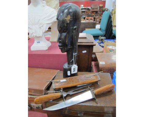 African Carved Hardwood Female Head, of slender form, 53cm; Indian knife and fork set. (2)