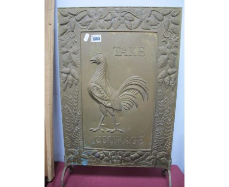 'Take Courage' Brewery Brass firescreen, featuring cockerel to centre, hops and barley to border, 63cm high.