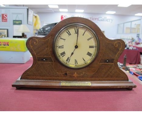 Early XX Century Inlaid Mahogany Cased Mantel Clock, black Roman numerals to cream dial, presentation plaque present, 28cm wi