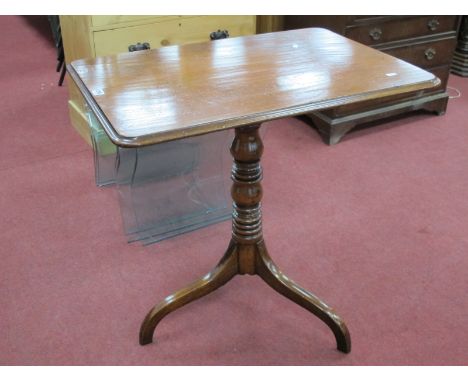 XIX Century Mahogany Pedestal Table, having curved corners to rectangular snap top, on turned support and tripod caliper legs