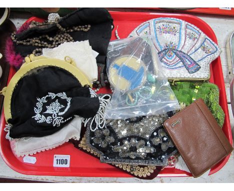 Sequin and Beadwork Evening Bags, Art Deco compact, scissors, etc:- One Tray