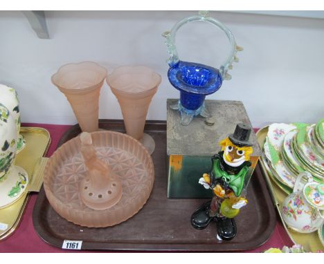 1930's Pink Glass Table Centre, having figural rose holder, similar vases, clown, Sarreguemines L3083 ceramic box. etc:- One 