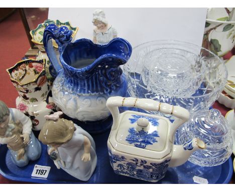 Mason's 'Mandalay' Jug, 'Chartreuse' jug, two Nao figures, both with dogs, XIX Century jug, Sadler blue and white teapot, gla