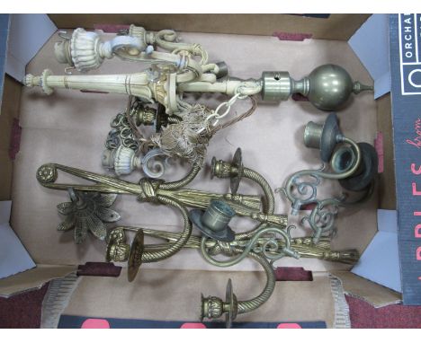 Cream Painted Metal Three Branch Ceiling Light; pair of twin wall sconces, etc:- One Box
