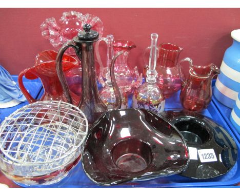 Cranberry Glass Jugs, Bowls, Vase, ruby glass posy bowls, rose bowl, etc:- One Tray