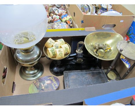 Oil Lamp, Scales and Weights, Tins, etc:- One Box