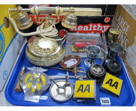 Three 'AA' Car Badges, onyx telephone, mini miners lamp, etc:- One Tray