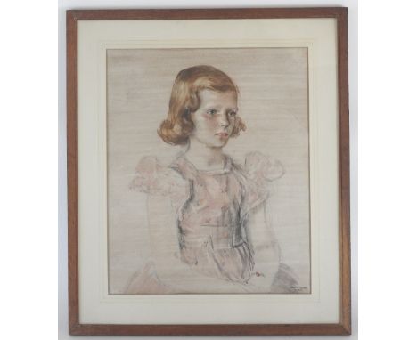 Herbert Otto Markiewiez (Born.1900)Portrait of Penelope Kemp-Welch, seated three quarter length wearing a pink dress,signed a