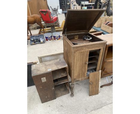 A PLYWOOD WALL CABINET WITH R.A.F. STICKER ON THE DOOR AND H.M.V. WIND UP CABINET GRAMOPHONE (BOTH AF) 