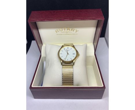 A ROTARY CALENDAR WRIST WATCH WITH PRESENTATION BOX SEEN WORKING BUT NO WARRANTY 