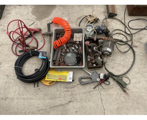 AN ASSORTMENT OF TOOLS TO INCLUDE A MOTOR, A METER AND COMPRESSOR FITTINGS ETC 