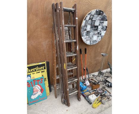 A VINTAGE FOUR RUNG WOODEN STEP LADDER AND A FURTHER 21 RUNG WOODEN EXTENDING LADDER 