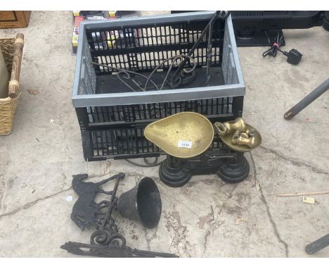 A SET OF SCALES WITH BRASS WEIGHT A DECORATIVE BELL AND HANGING BASKET BRACKETS ETC 