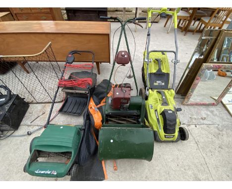 A RYOBI BATTERY POWERED LAWN MOWER, A VINTAGE PETROL MOWER AND AN ELECTRIC LAWN RAKER 