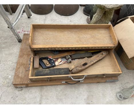 A WOODEN PASTING TABLE AND A VINTAGE JOINERS CHEST 