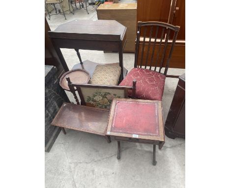 A REPRO SOFA TABLE, MAHOGANY STOOL, WINE TABLE, FIRESCREEN, COFFEE TABLE AND DINING CHAIR 