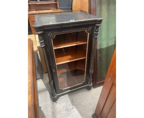 A VICTORIAN EBONISED PIER CABINET WITH BRASS GALLERIED TOP, 22.5" WIDE 