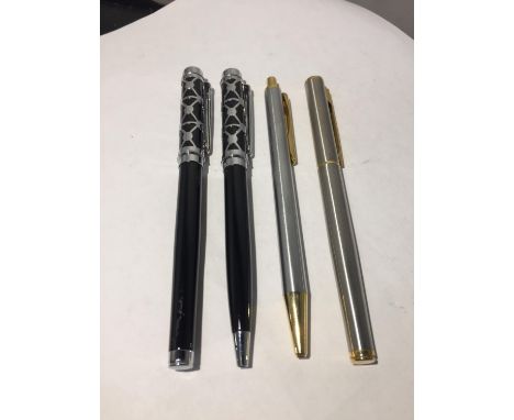 FOUR VINTAGE PENS TO INCLUDE A MATCHING SET OF PEN AND BIRO AND TWO MATCHING BIROS 