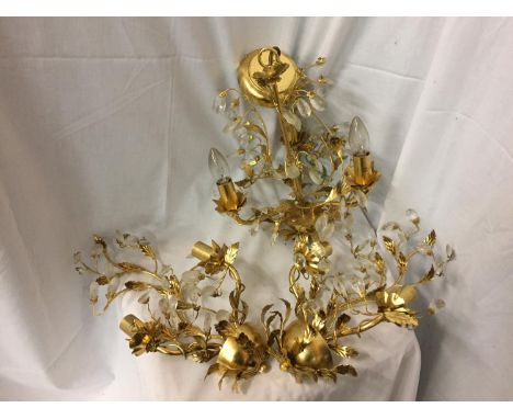 A GILT FOLIATE CEILING LIGHT WITH TWO MATCHING WALL LAMPS 